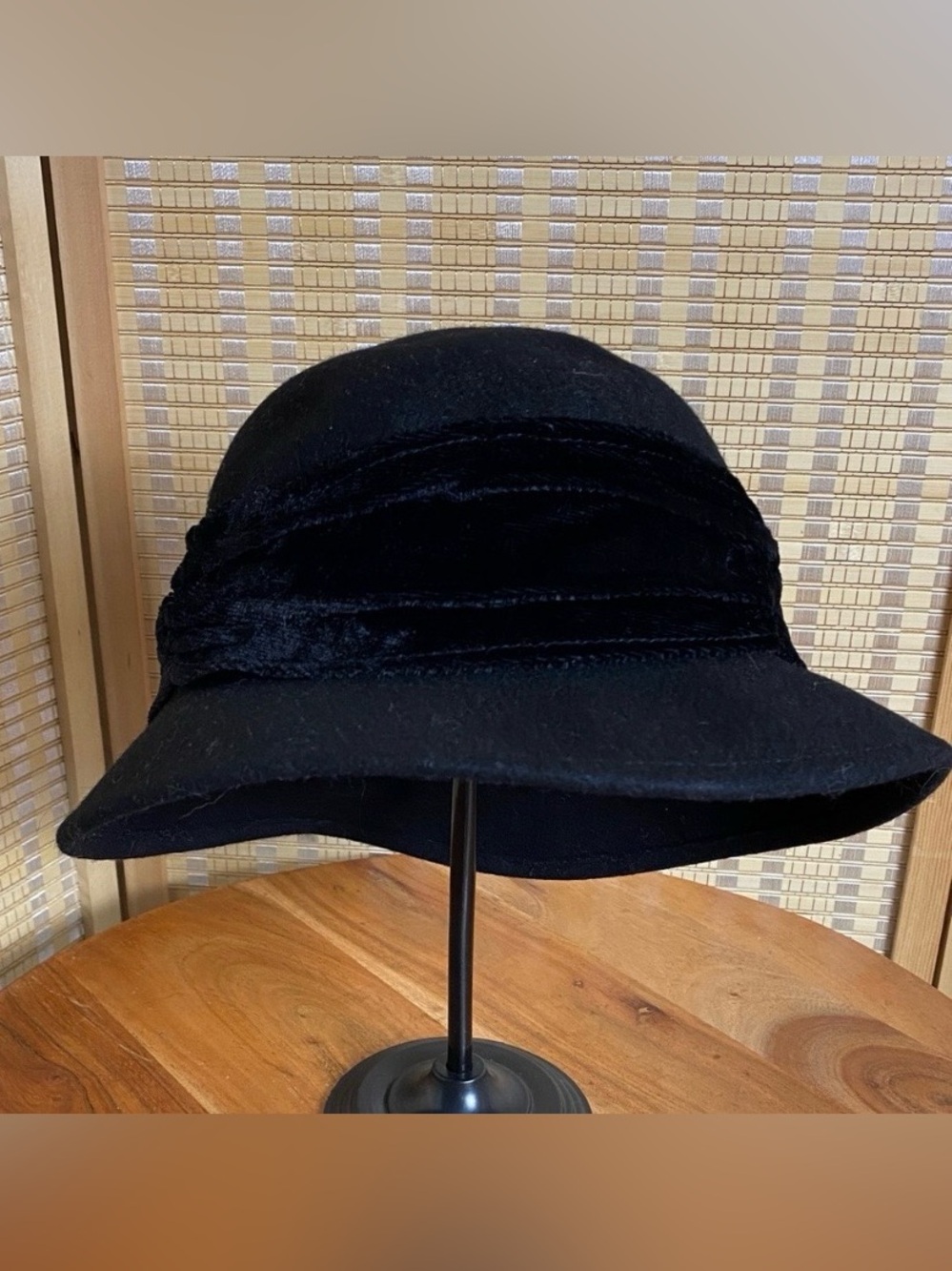 Charter Club Woman’s Wool Felt Black Cloche Hat With Crushed Velvet Band